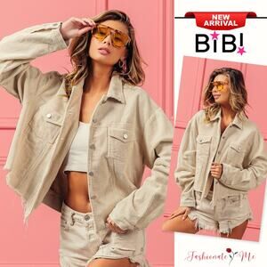 BiBi Vintage Washed Distressed Front Hem Relaxed Fit Corduroy Jacket | Oatmeal